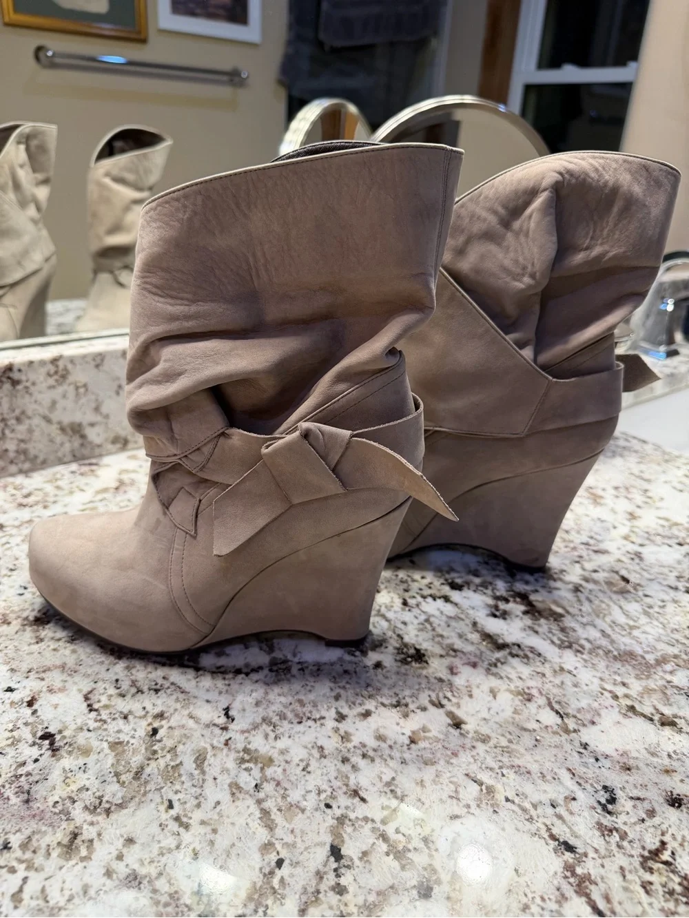 Vera Wang Lavender Label Suede Ankle Boots in Taupe with Bow